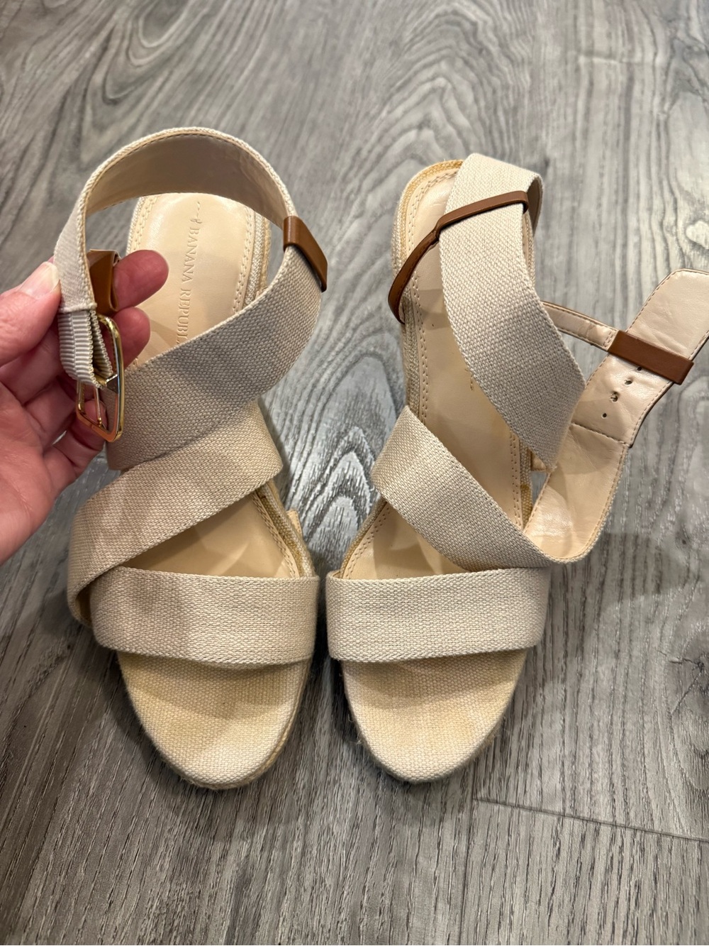 Banana Republic Cream Canvas Crisscross Wedge Sandals with Tan Leather Accents!
